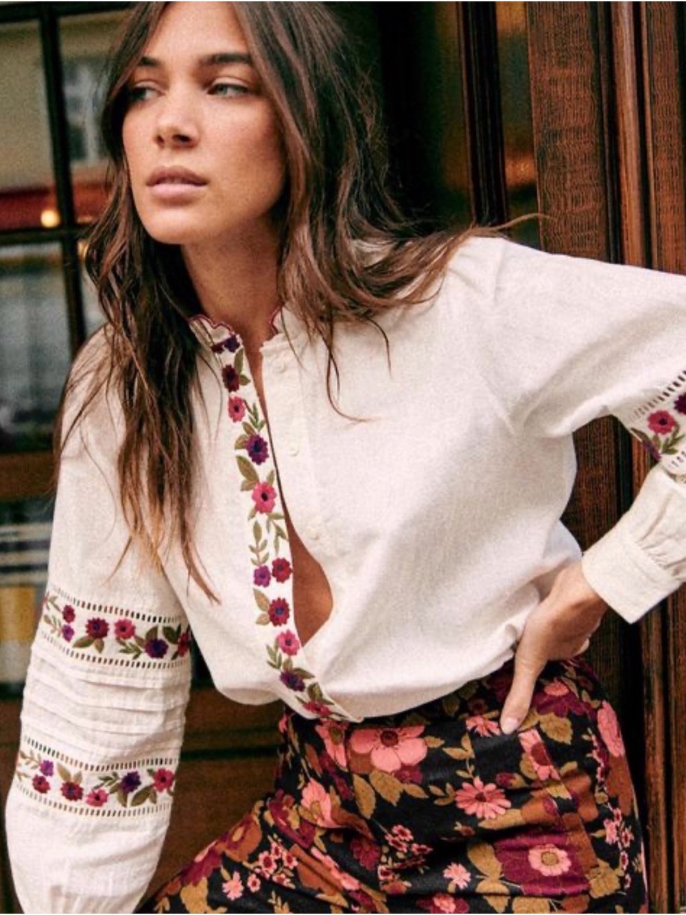 Sezane Megan Linen/Cotton Blend Blouse with Floral Embroidery Large